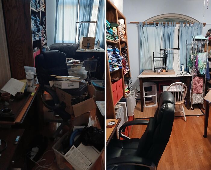 Room before and after being cleaned showing a cluttered space transformed into an organized, tidy room with clear floors and shelves.