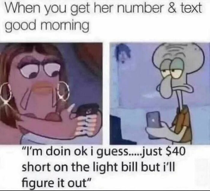 Funny meme showing cartoon characters texting in a disassociated, tired way to illustrate disassociate in a fun way.