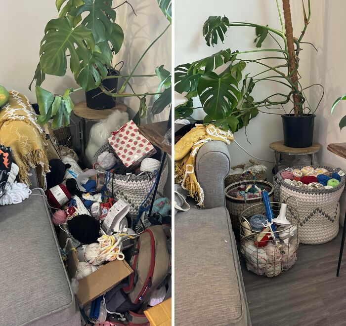 Before and after cleaning of a living room corner with organized yarn baskets and a tidy plant area shown side by side.