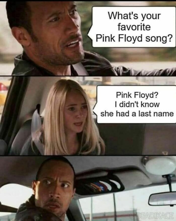 Man and woman in car having humorous conversation about Pink Floyd, featured in funny memes for disassociate entertainment.