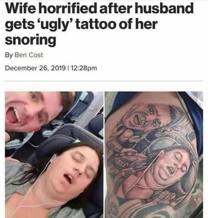 Man takes funny tattoo of wife snoring, featured in memes to help you disassociate in a fun way.