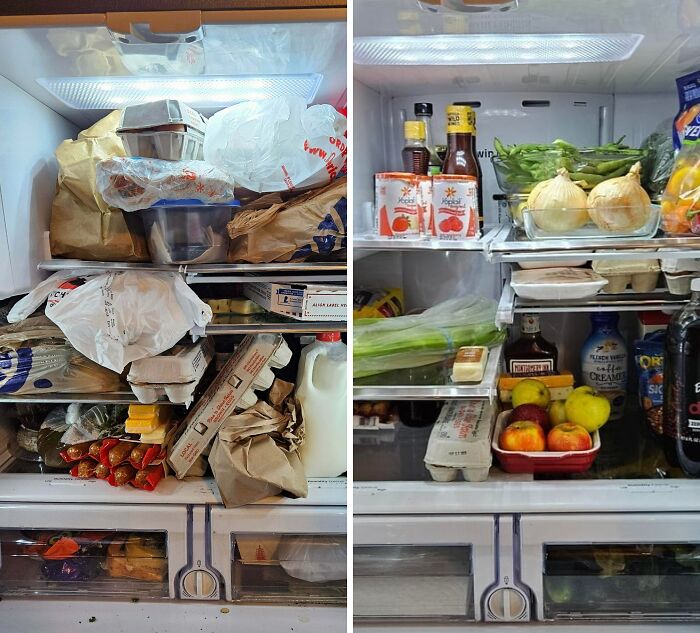 Side by side comparison of a cluttered and a neatly organized refrigerator showcasing satisfying room cleaning results.