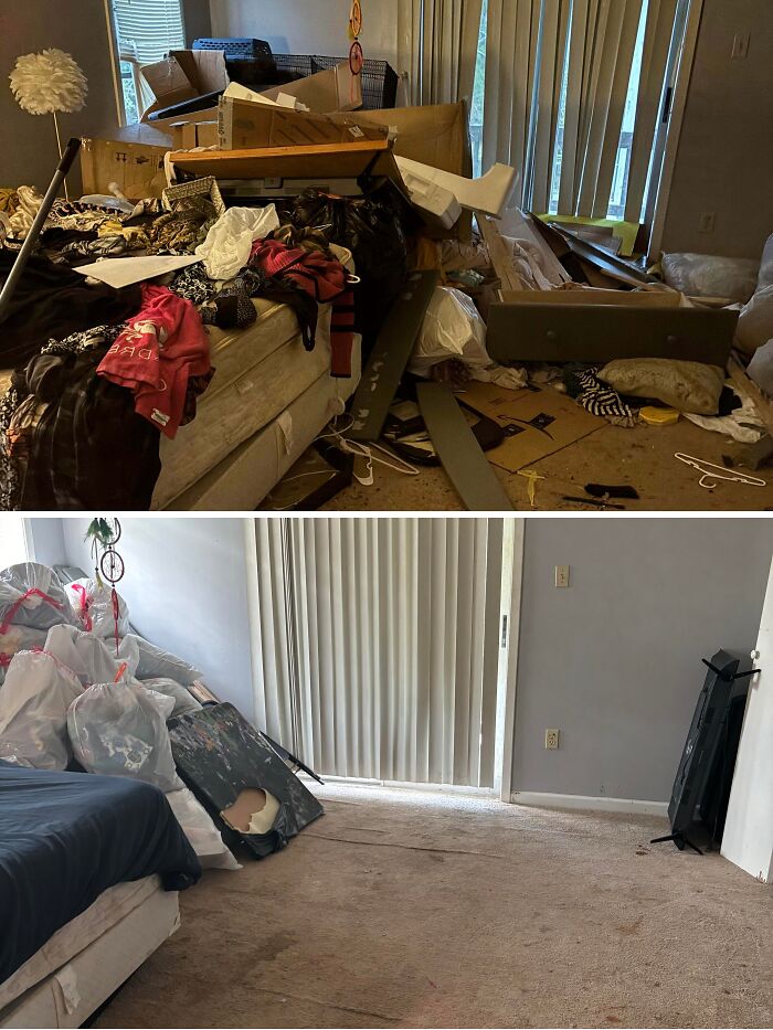 Room before and after being cleaned showing cleared clutter and organized space with visible improvement in tidiness.