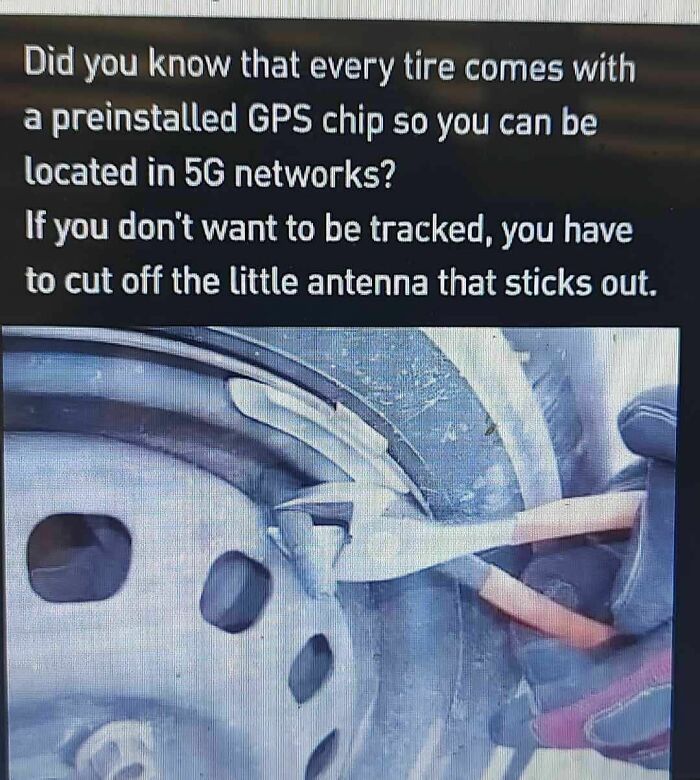 Humorous meme about cutting tire antennas to avoid GPS tracking, featuring tools near a car tire.