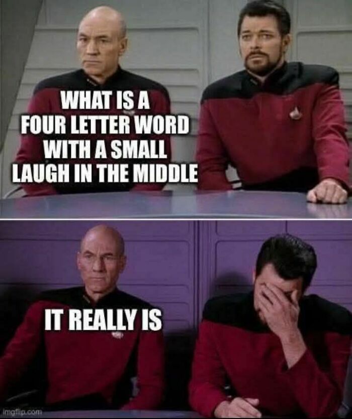 Star Trek characters in red uniforms feature in a funny meme illustrating humor to help with disassociate in a fun way.