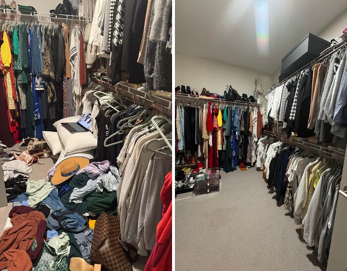 Closet before and after being cleaned, showcasing a satisfying room transformation with organized clothes and clear floors.
