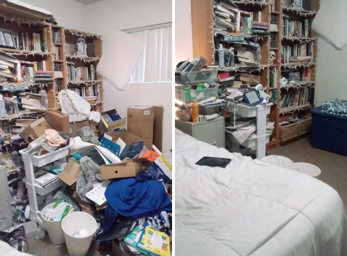 Room before and after being cleaned showing organized bookshelves and clear floor in a satisfying room transformation.