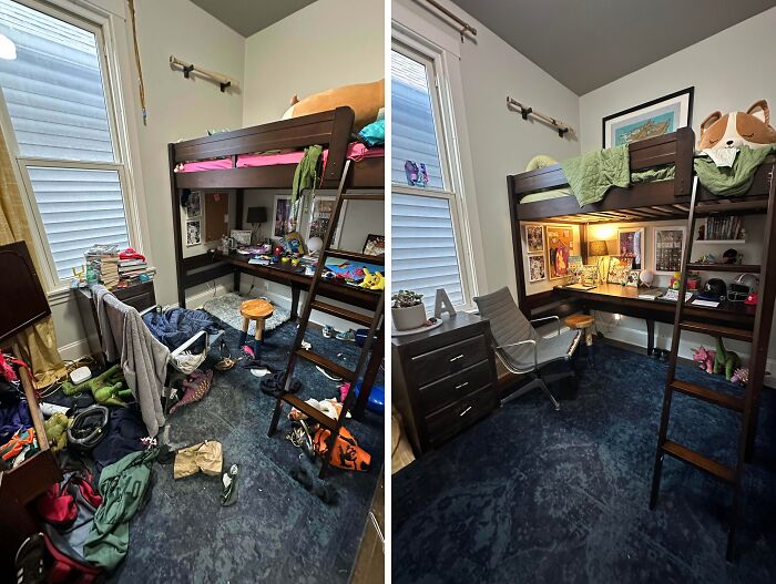 Room before and after being cleaned, showcasing a tidy and organized space with a loft bed and desk area.