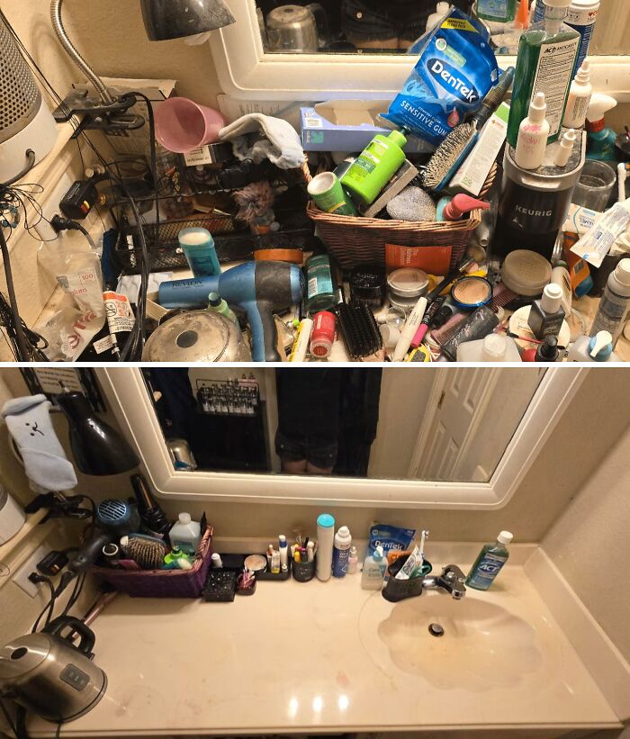 Bathroom countertop before and after being cleaned, showcasing a satisfying room cleanup transformation with organized toiletries.