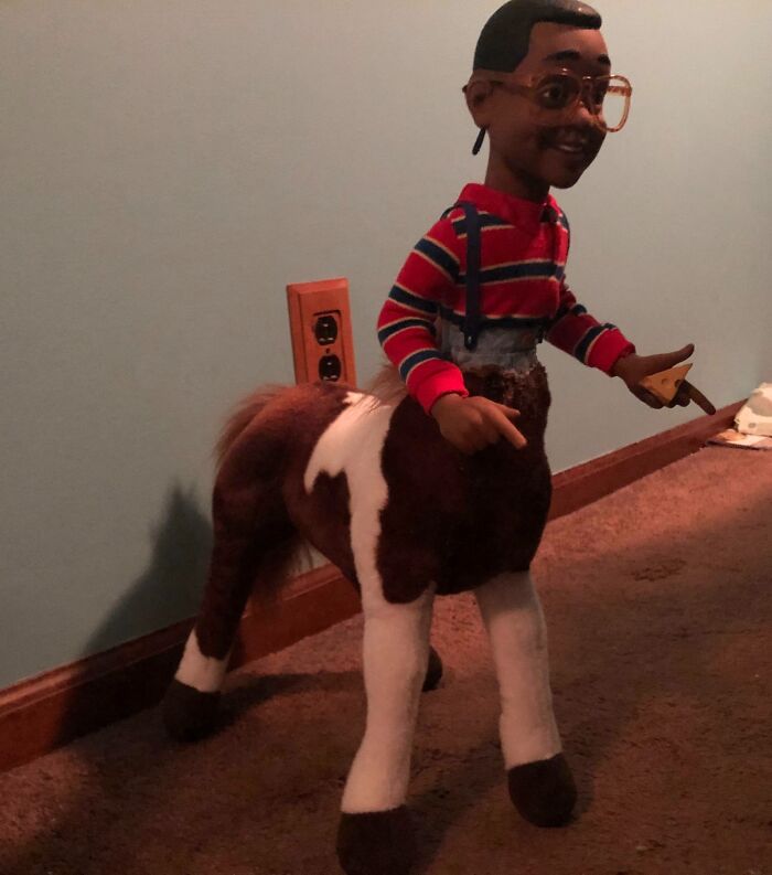Unusual centaur doll with human upper body and horse lower body, one of the most bizarre Christmas gifts received.