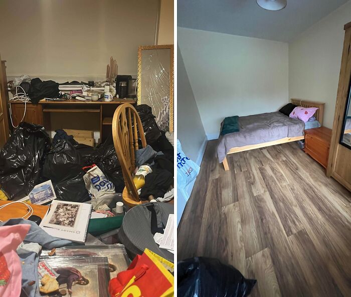 Room before and after being cleaned showing a cluttered space transformed into a tidy and organized bedroom with wooden flooring.