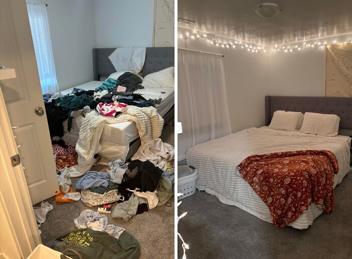 Bedroom before and after being cleaned, showing a cluttered messy space transformed into a neat and tidy room with string lights.