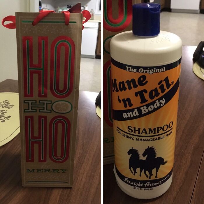 Holiday gift bag next to a large bottle of Mane 'n Tail shampoo, an unusual Christmas gift idea.