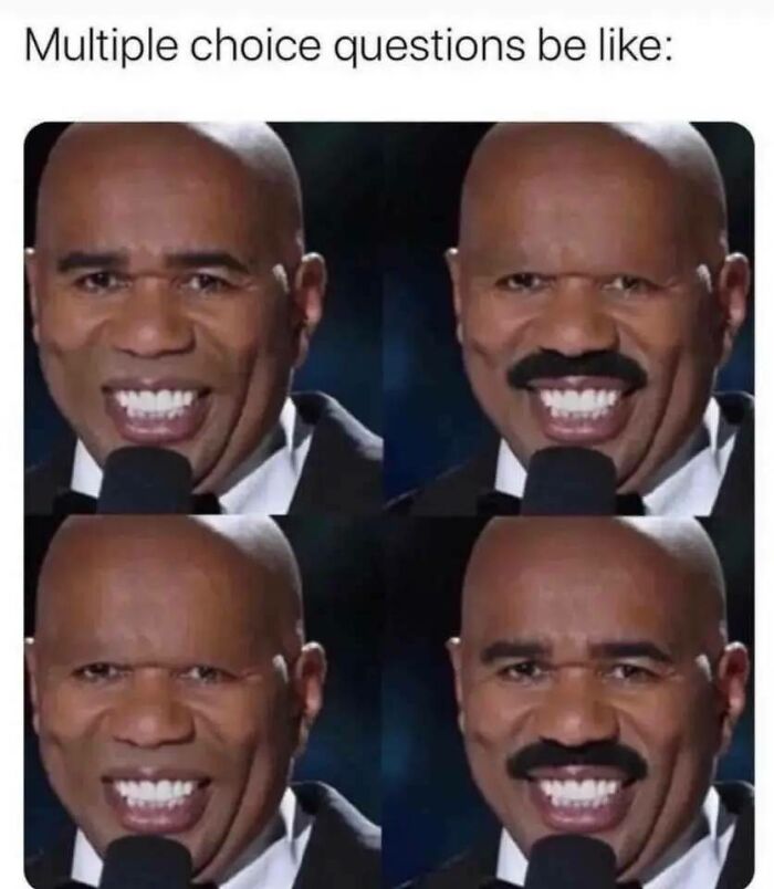 Four altered images of a man with various face modifications illustrating funny memes to help disassociate in a fun way.