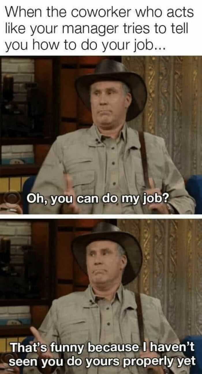 Man in a hat reacting to a coworker acting like a manager in a funny meme about disassociate humor.