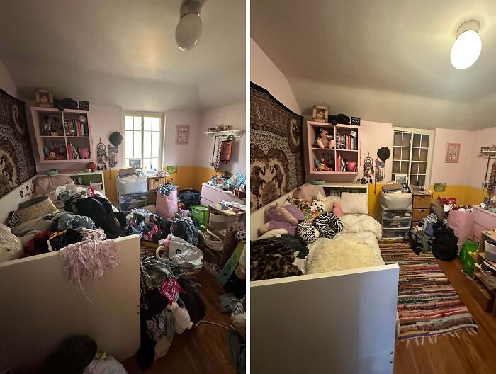 Messy bedroom clutter before and after being cleaned, showing organized shelves, bed, and tidy floor in satisfying room transformation.