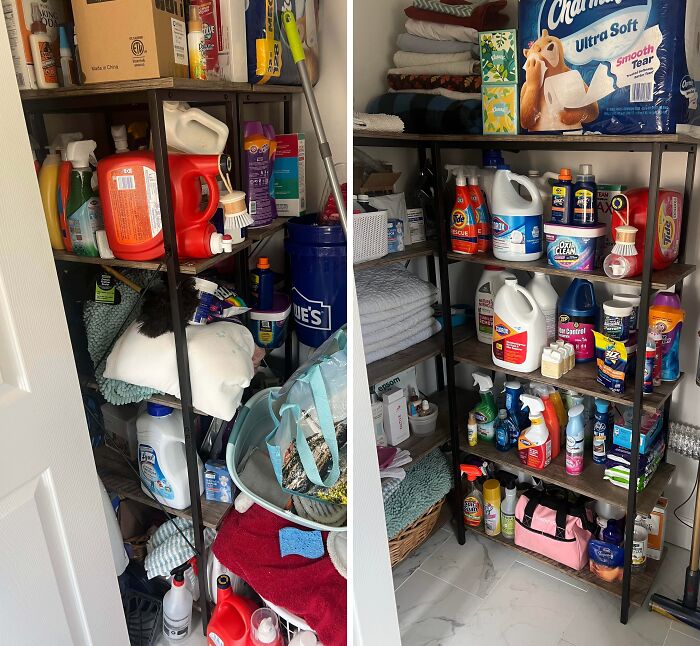 Before and after cleaning storage shelves showing a satisfying organized room with neatly arranged cleaning supplies.