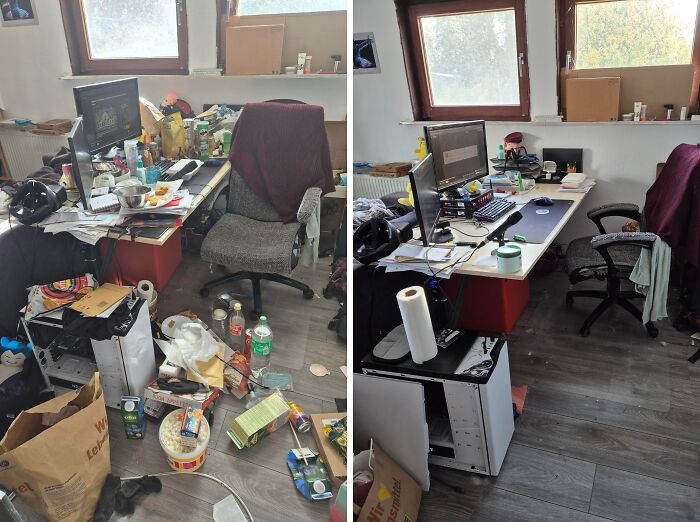Home office room before and after being cleaned, showing a satisfying transformation of cluttered to organized space.