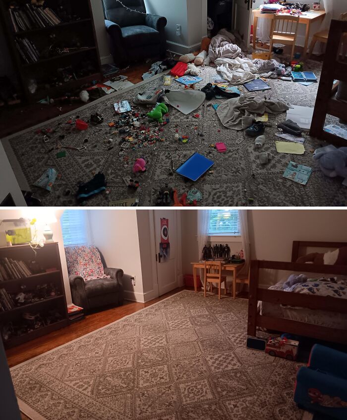 Room before and after being cleaned, showing a cluttered floor transformed into a neat and organized space.