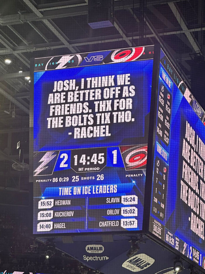 Arena scoreboard displaying a breakup message to Josh during a hockey game, Funny Pictures From 2025