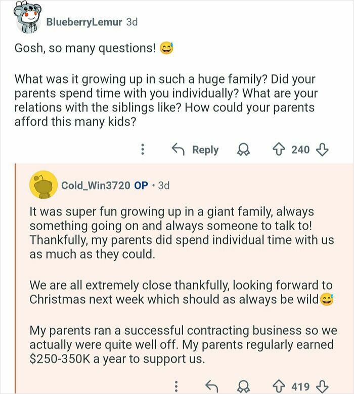Reddit user with 21 siblings answers questions about growing up in a large family and parents' support.