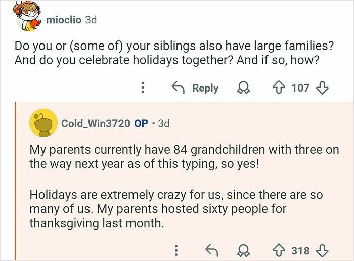Reddit conversation about a man with 21 siblings explaining his large family and holiday celebrations.