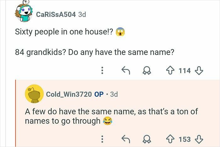 Screenshot of an online conversation about a man with 21 siblings discussing family and grandkid names.
