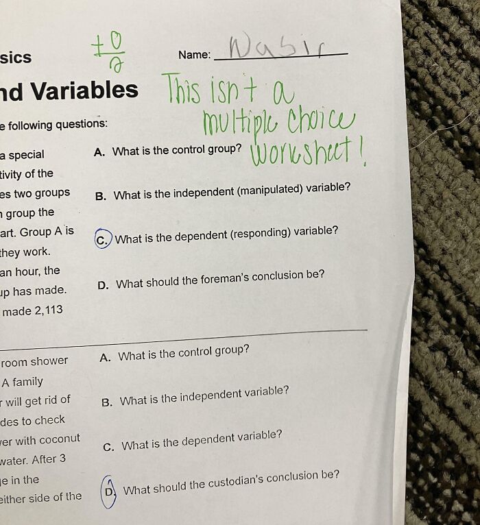 Funny Pictures 2025: worksheet on carpet with green handwriting This isn't a multiple choice worksheet and circled answers