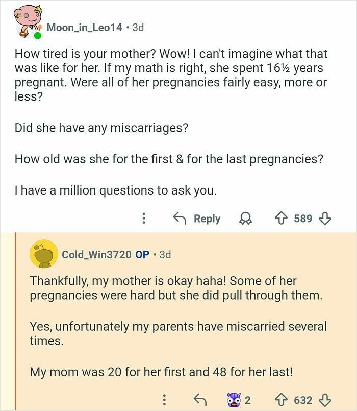 Reddit user with 21 siblings answers questions about his mother’s pregnancies and family life in an online discussion.