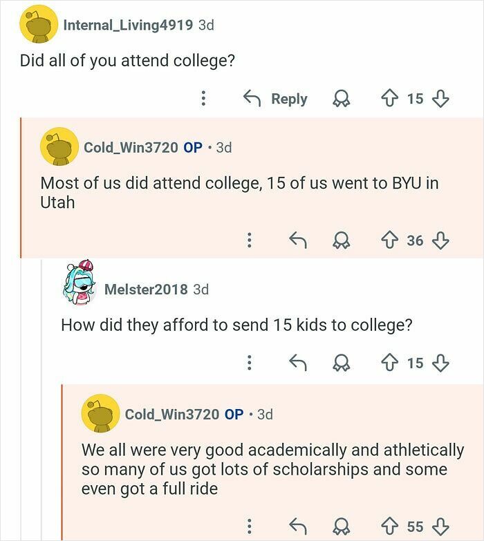 Reddit thread where a man with 21 siblings discusses college attendance and scholarships for many siblings.