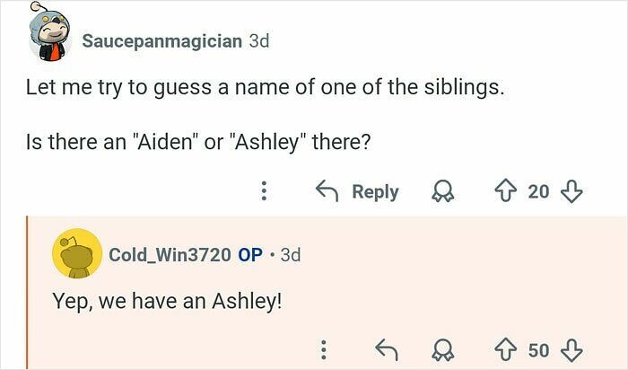 Reddit user with 21 siblings responds to comments, discussing family names and answering questions about his life.