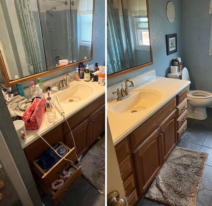 Bathroom sink and counter before and after being cleaned, showcasing a satisfying room transformation and organized space.
