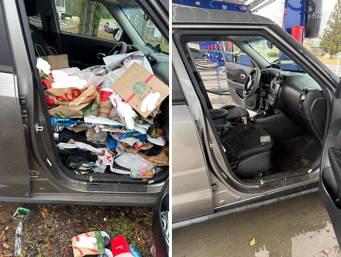 Car interior before and after being cleaned, showing a cluttered messy front seat transformed into a tidy and organized space.