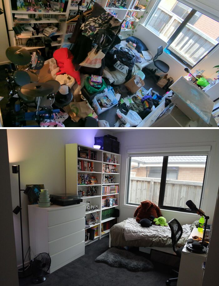 Room before and after being cleaned showing transformation from cluttered to organized and tidy space.