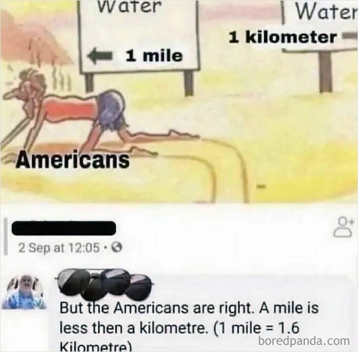 Illustration of a person labeled Americans crawling toward water, misunderstanding distance in miles versus kilometers, showing a fail.