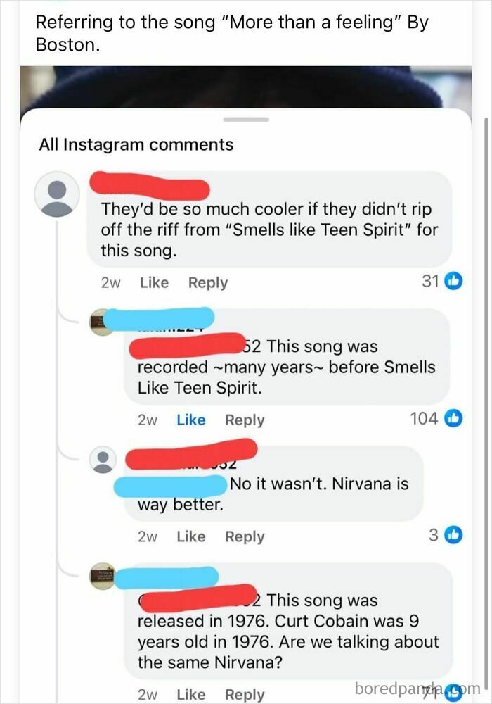 Instagram comments debating song originality and music facts, showcasing failed attempts to fix others hilariously.