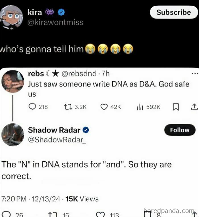 Tweet exchange showing someone incorrectly claiming DNA stands for D&A, with another user hilariously failing to correct the misunderstanding.