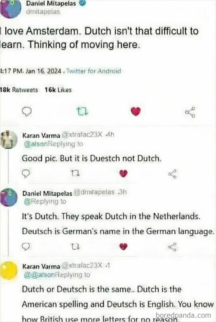 Twitter exchange showing a hilarious language debate, illustrating stupidity failing to fix others with amusing misunderstandings.