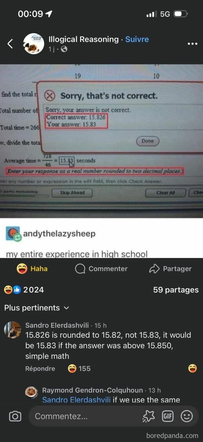 Screenshot of a math answer marked incorrect despite close rounding, illustrating fail hilariously in fixing others.
