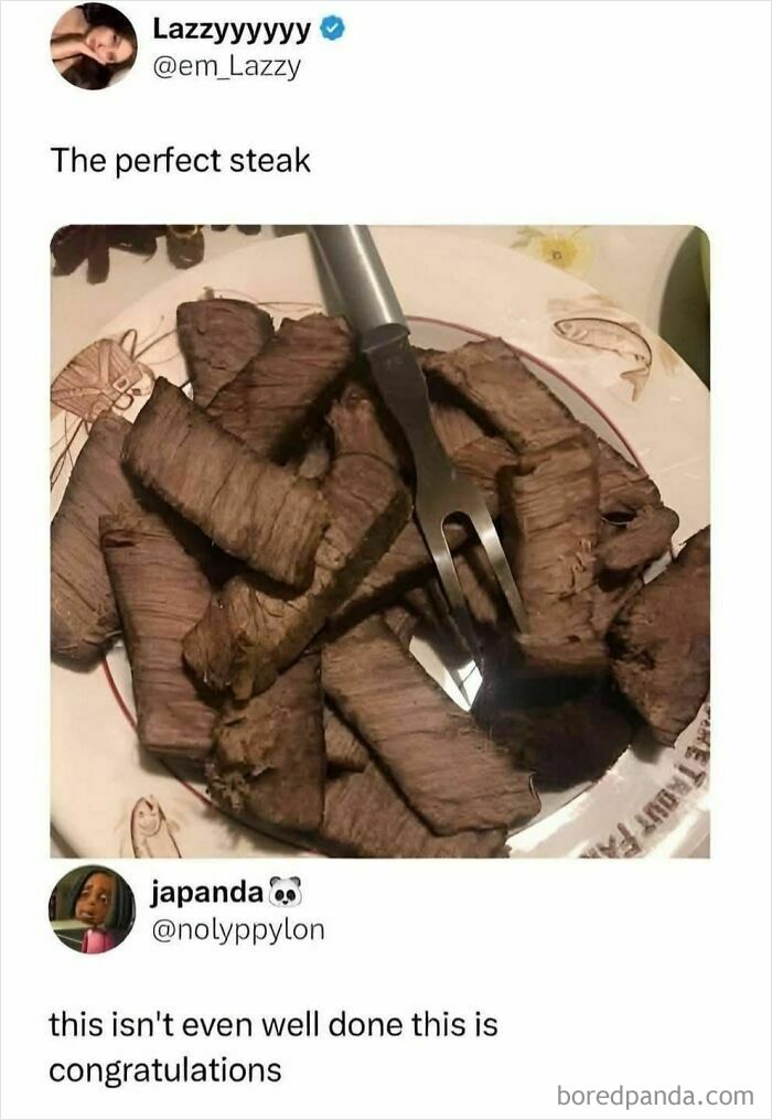 Stack of dry well-done steak slices on a plate with a fork, part of hilarious food memes to laugh at dinner wait.