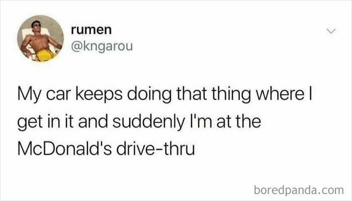 Tweet about a car mysteriously ending up at McDonald's drive-thru, part of hilarious food memes to laugh at.