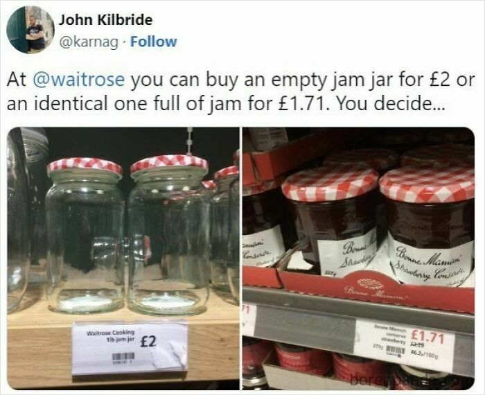 Tweet comparing prices of empty jam jars and jam-filled jars at a store, showcasing a hilarious food meme about dinner wait times.