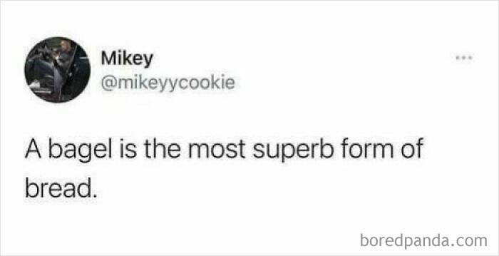Text meme from Mikey stating that a bagel is the most superb form of bread, part of hilarious food memes.