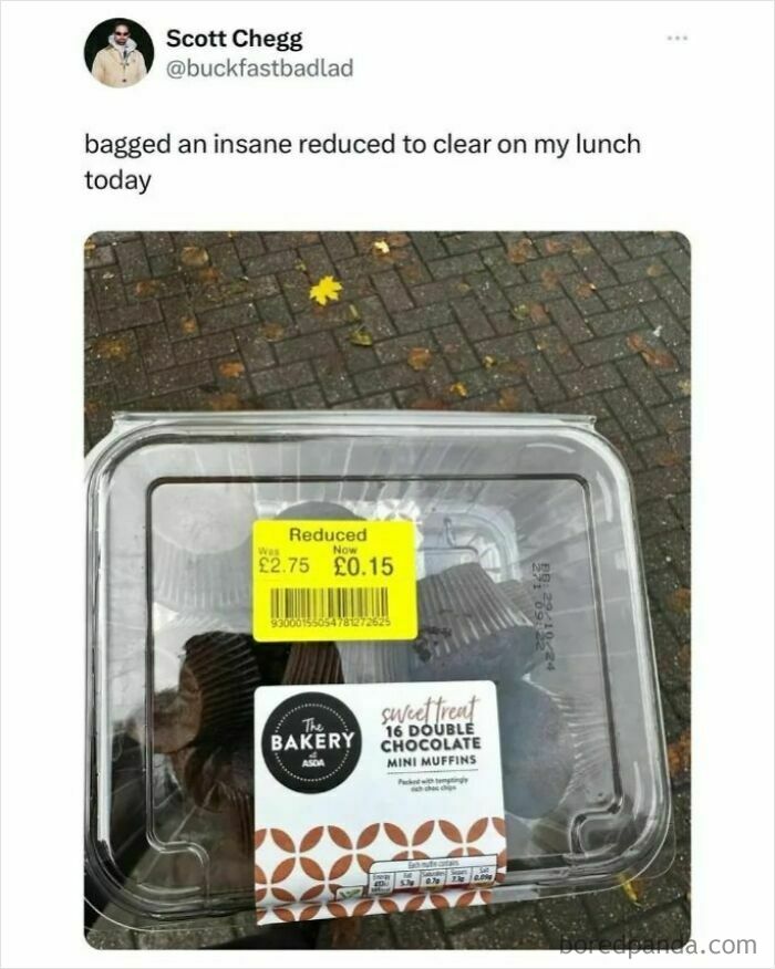 Plastic container of reduced-price double chocolate mini muffins taken outdoors in a funny food meme about waiting for dinner.