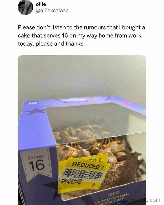 Twitter meme about buying a large cake that serves 16, a funny food meme to laugh at while waiting for dinner.