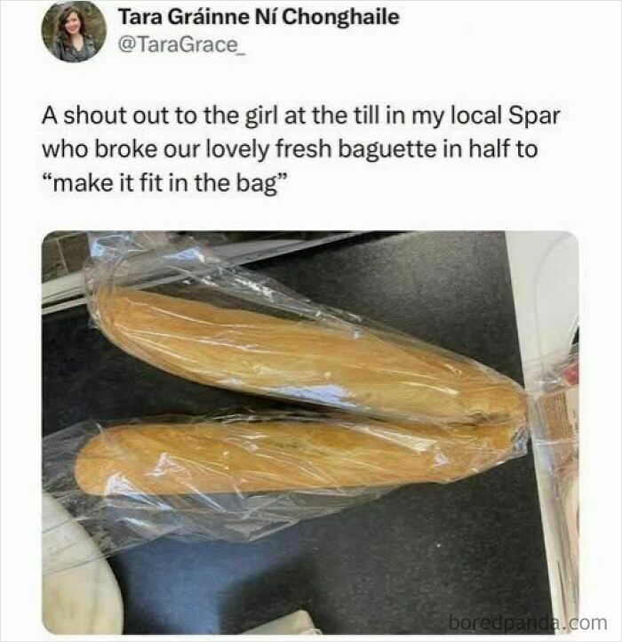 Tweet about a broken baguette to fit in a bag, accompanied by a humorous food meme for dinner wait laughter.