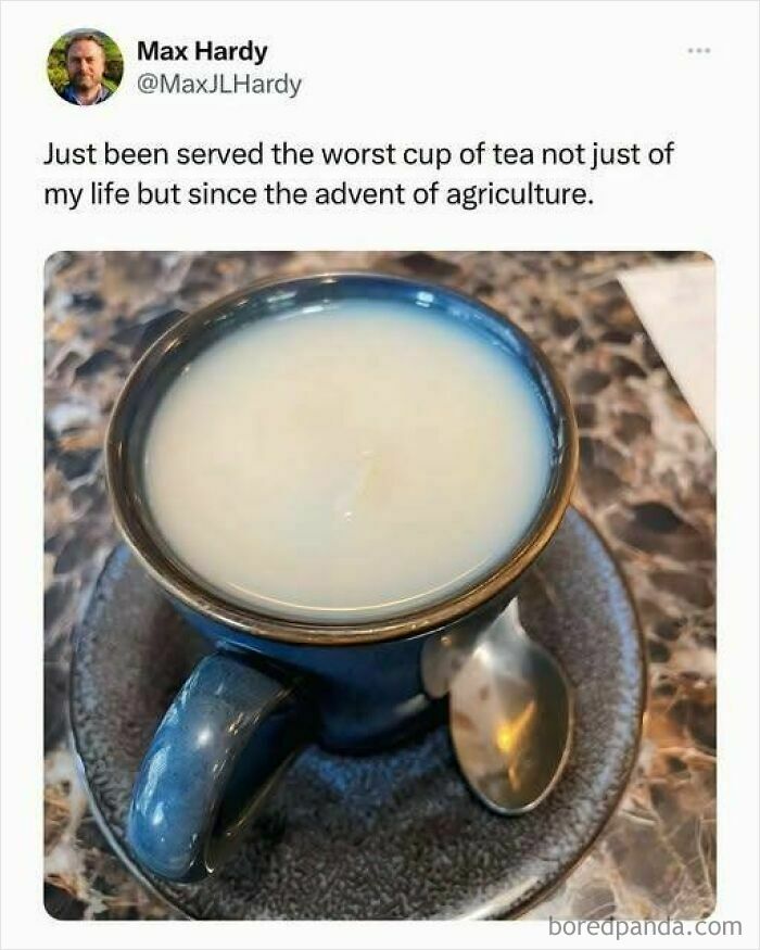 Tweet about being served the worst cup of tea with a close-up of the drink in a blue mug, food meme humor.