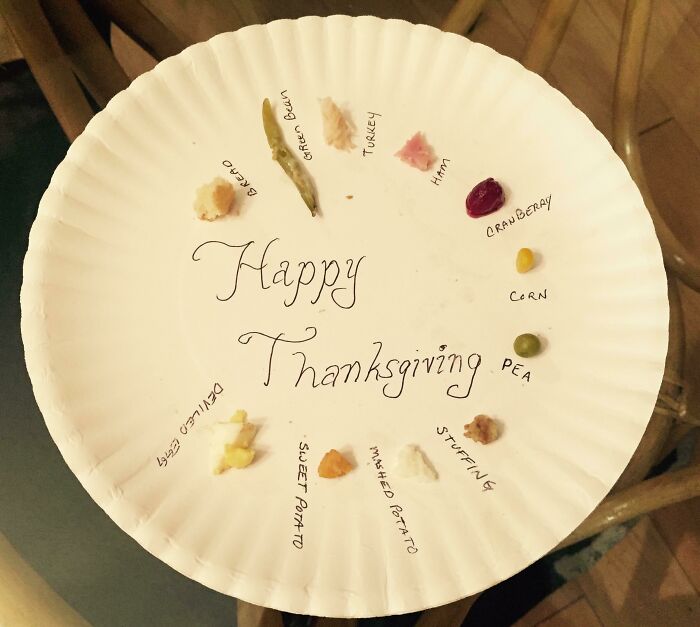 Thanksgiving food samples arranged on a paper plate showcasing fun sibling moments and family life joy
