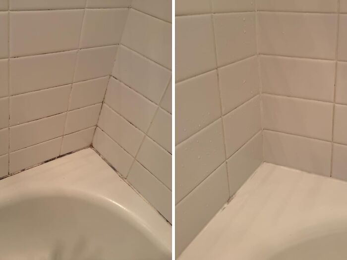 Before and after images showing bathroom tile cleaning and mold removal, featured among best sellers proving delusional trends.