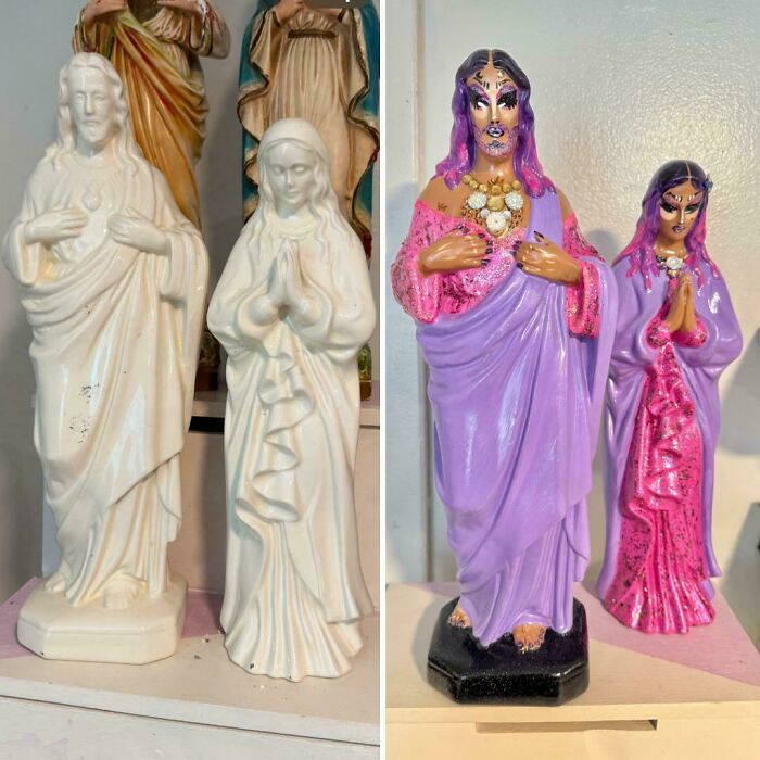 Side-by-side comparison of thrifted religious statues before and after being personalized with funny and unexpected designs